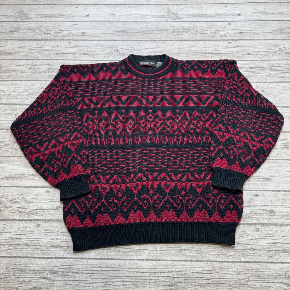 Vintage Botany 500 Sweater Men's L Red Black Geometric Fair Isle Crewneck Knit